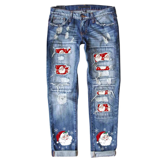 Women's Santa Claus Hole Patch Fashion Wash Pants