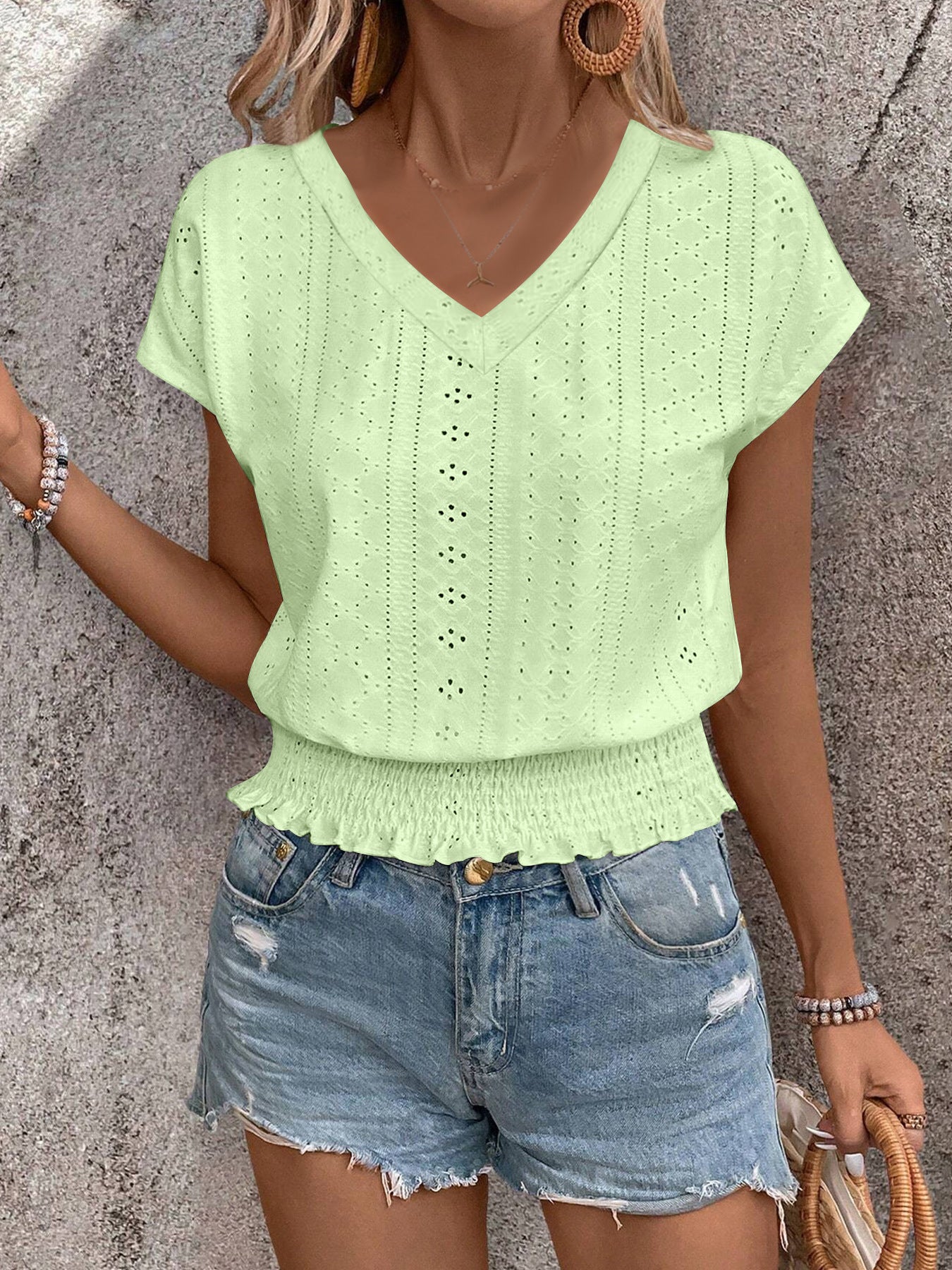Women's Jacquard Smocking Short-sleeved Fashion Casual Women's T-shirt