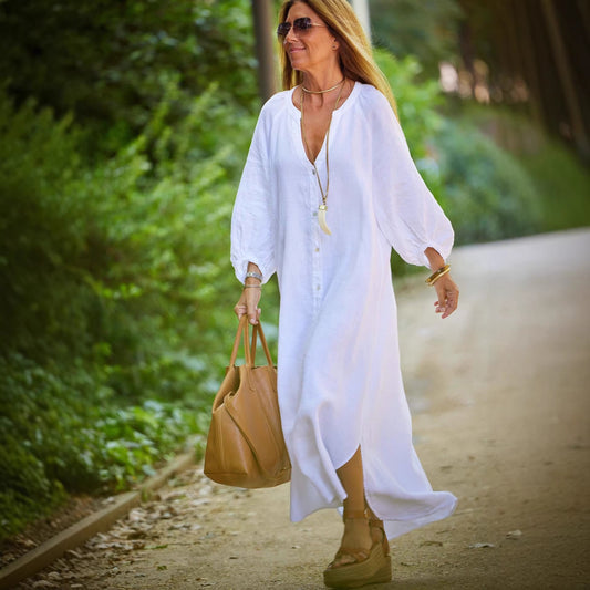Women's Spring Cotton Linen Shirt Fashion Casual Long Dress