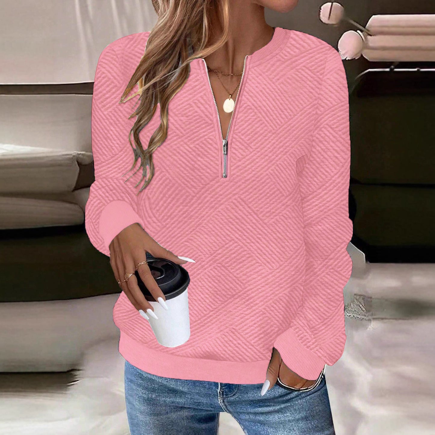 Women's Casual Solid Color Half Open Zipper Loose Pullover Women's Sweater, Sweater