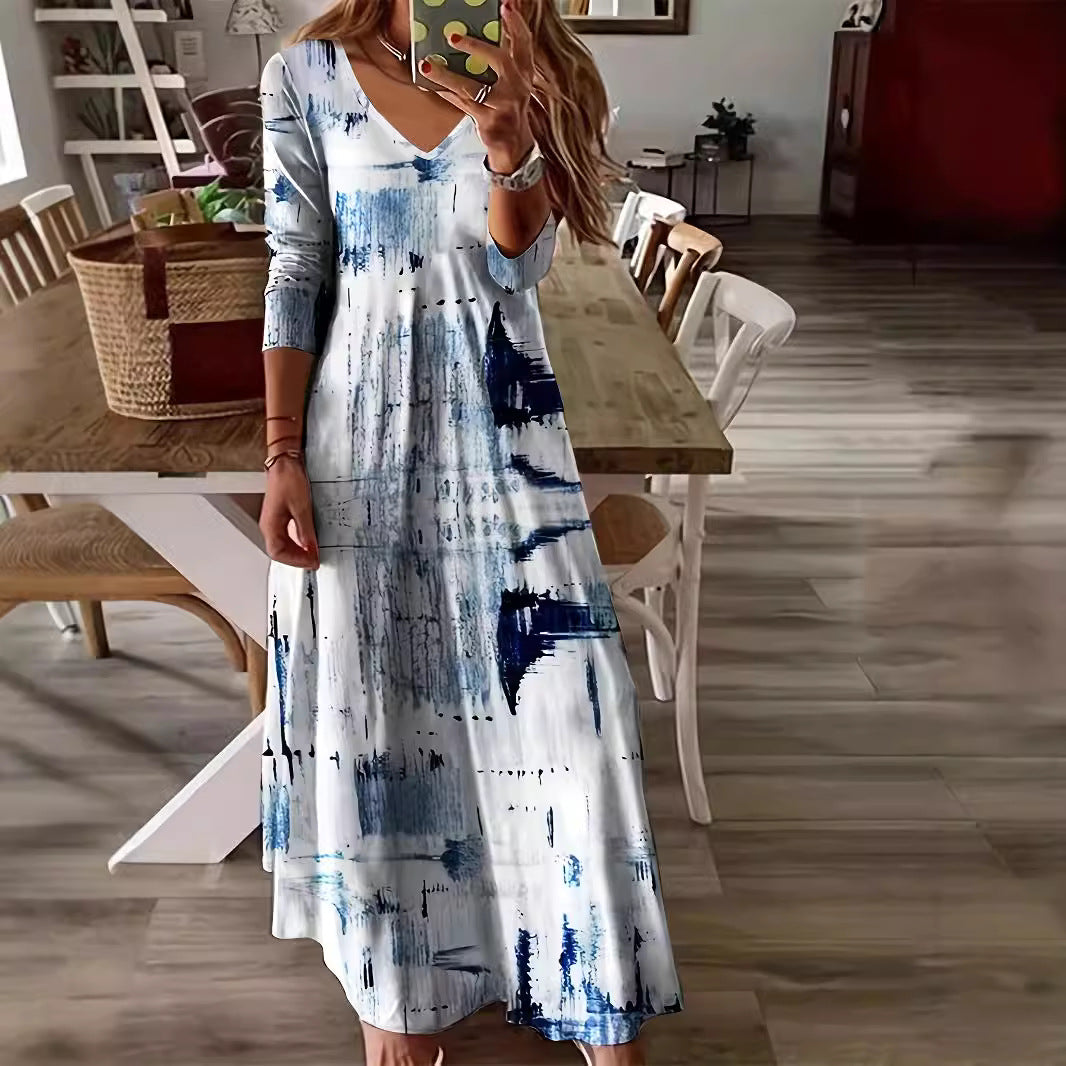 Women's Temperament Printed Long-sleeved Large Swing Dress