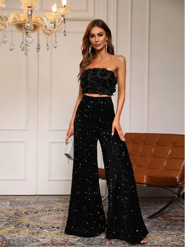 Pure Color Sequins Wide Leg Fashion Mid Pants