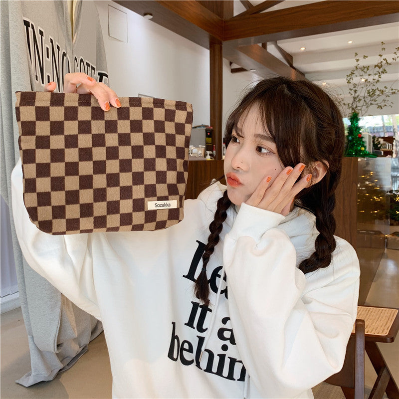 Women's Portable Corduroy Chessboard Grid Clutch Toiletries Bags