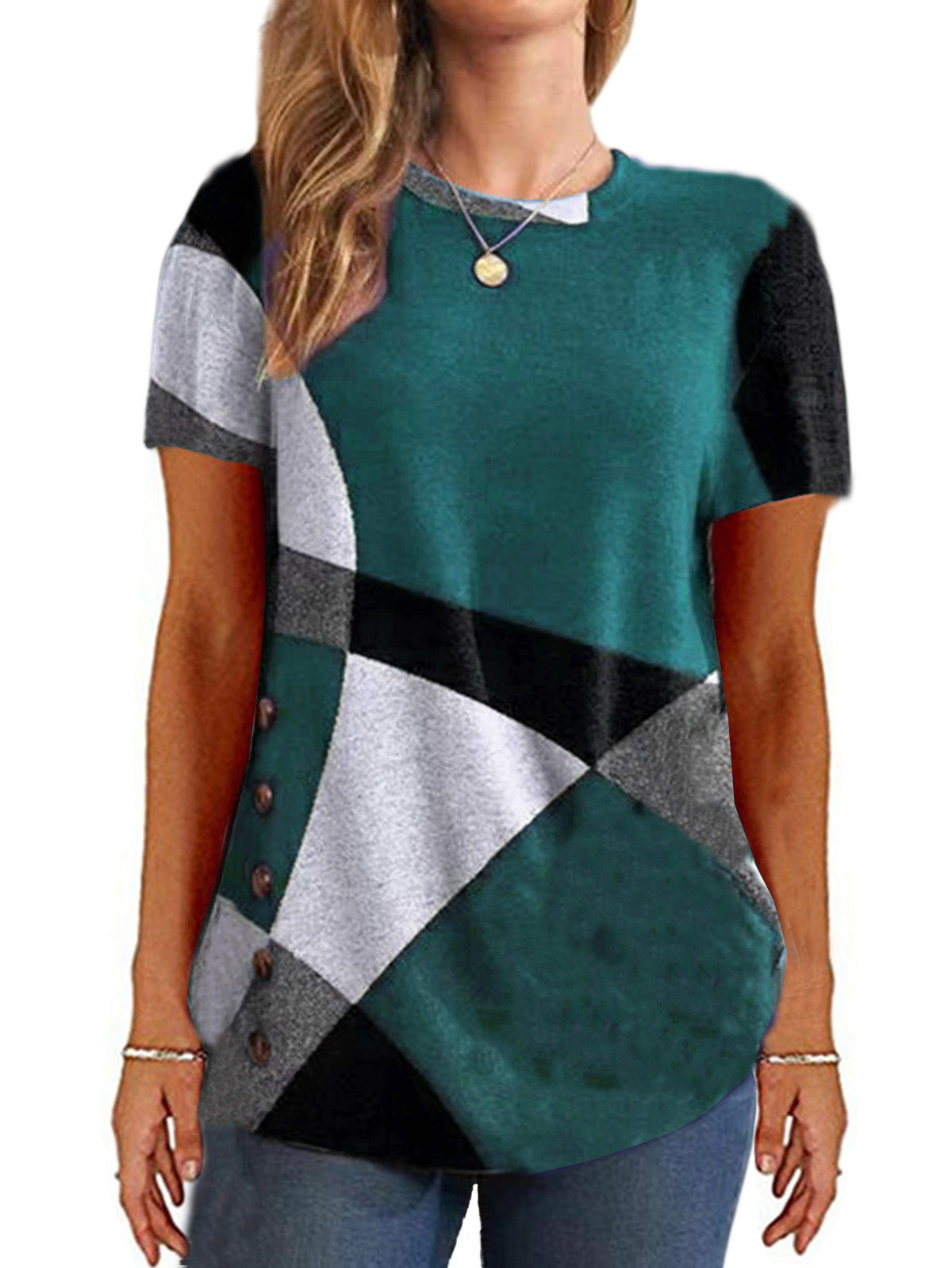 Women's French Cashmere Printing Color Contrast Sleeve Women's T-shirt