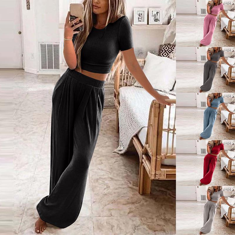 Women's Sleeve Solid Color Knit Home Two-piece Suits