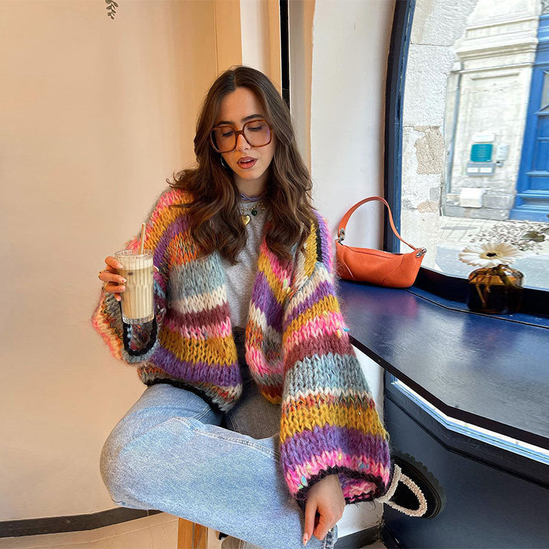 Striped Long Sleeve Rainbow Plaid Handmade Coats