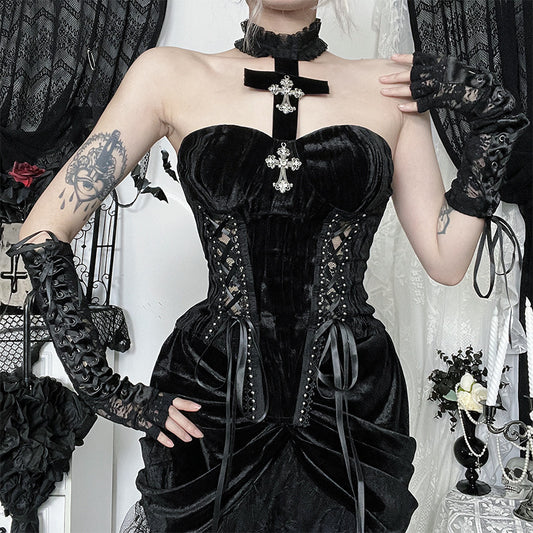 Women's Asian Culture Contrast Color Corset Strap Cross Tops