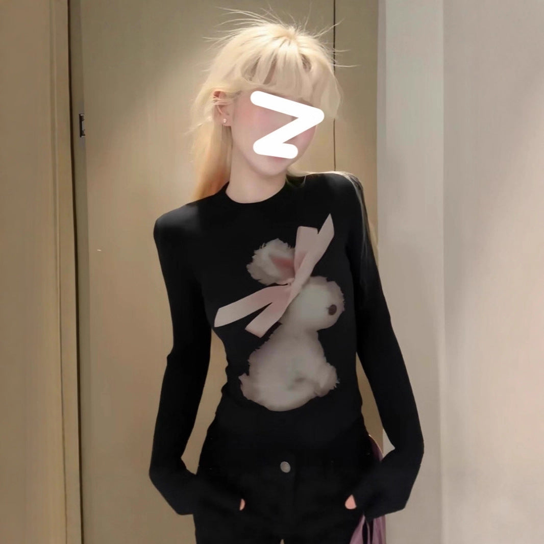 Bunny Personalized Printed Long Sleeve Slim Waist Stretch Beautiful Women's T-shirt