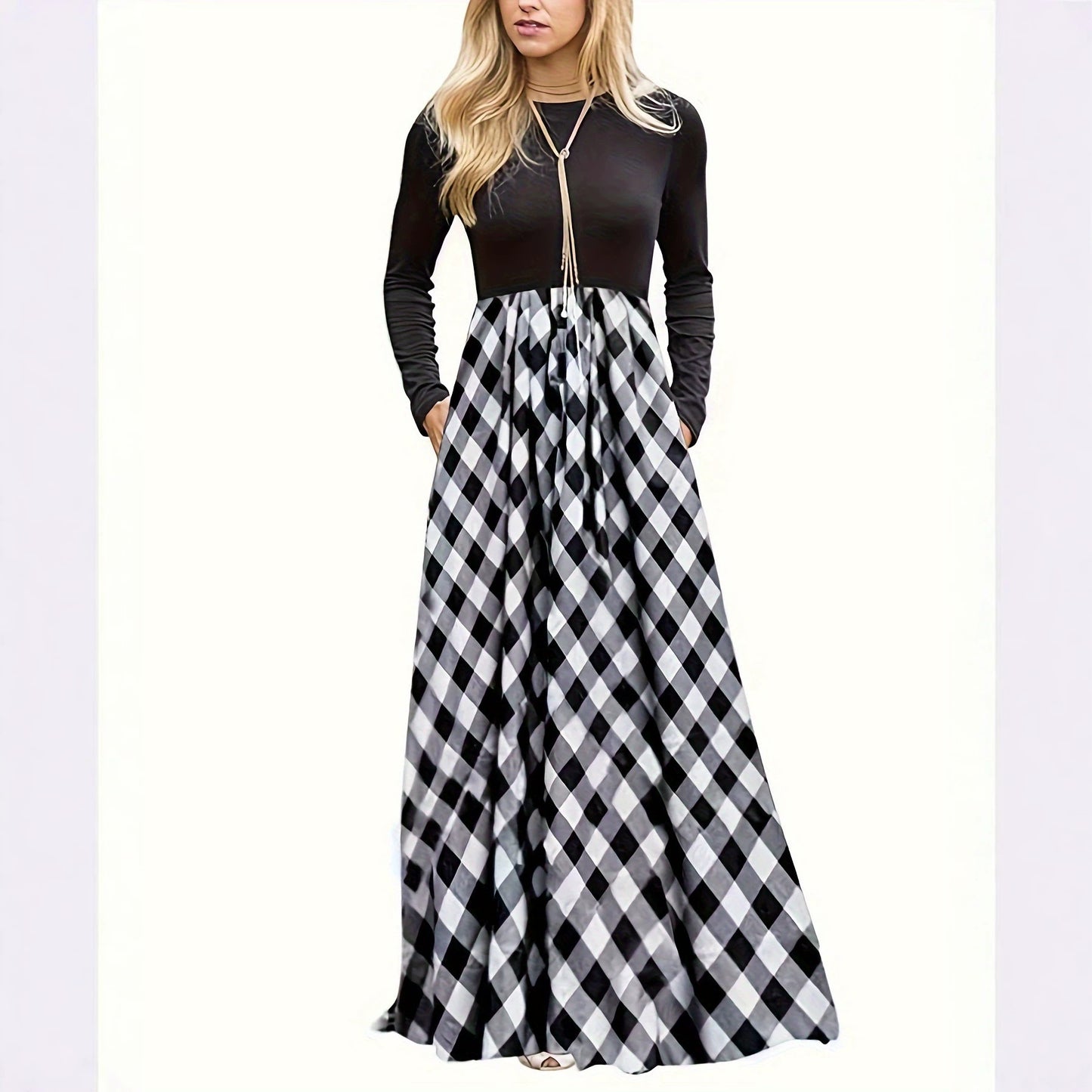 Women's Stitching Contrast Color Check Fashion Casual Dress