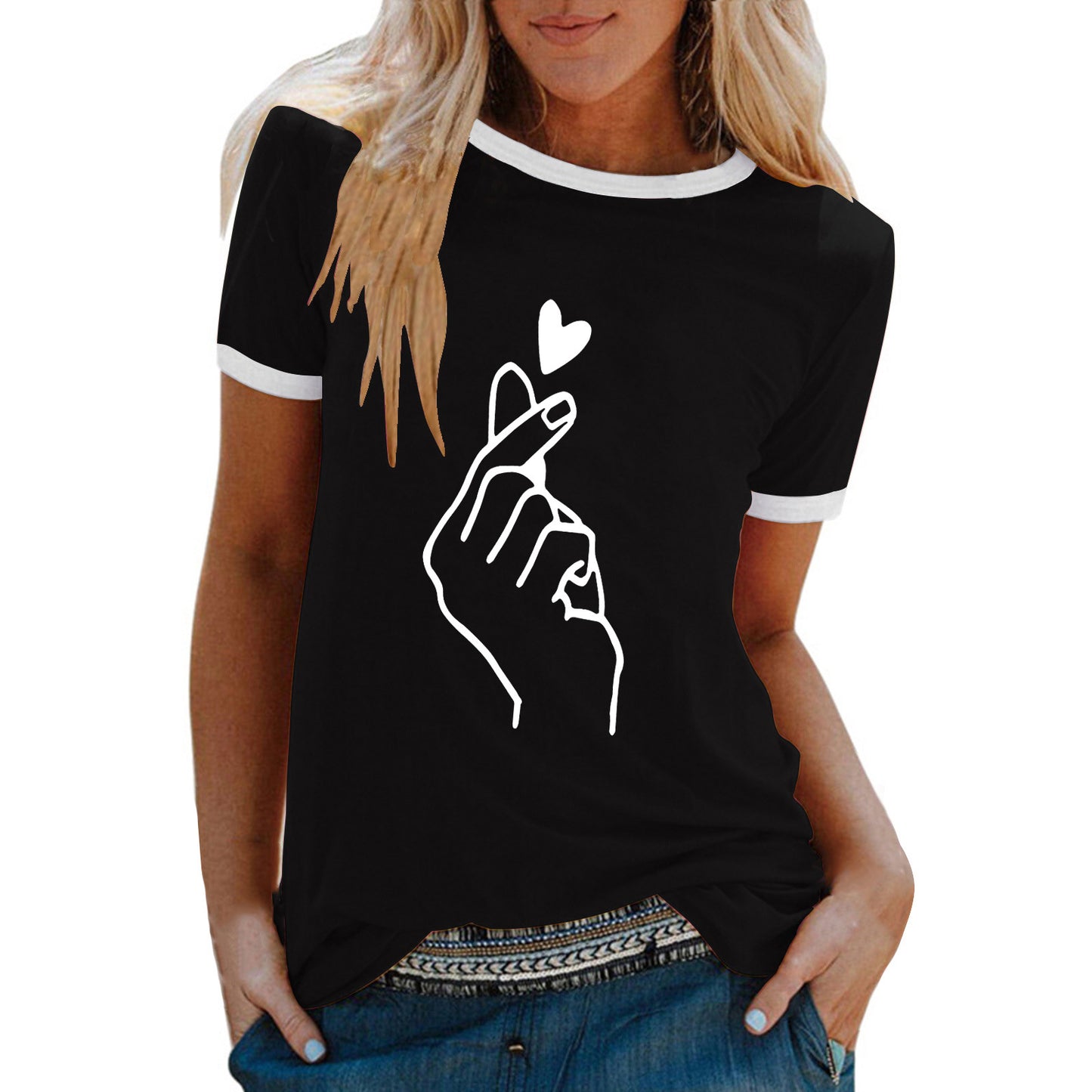 Women's Summer Shirt Finger Print Loose Round Neck Women's T-shirt