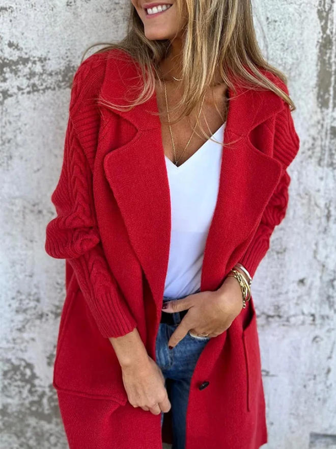 Women's Twist Knit Stitching Lapel Large Coats