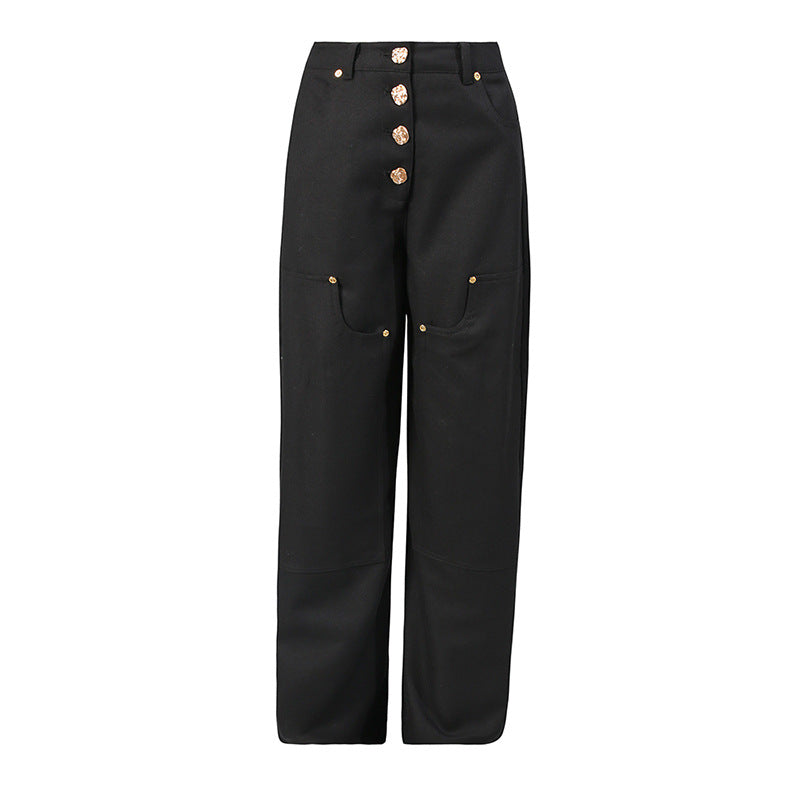Women's Model Style Fashion Casual Button Rivet Design High Waist Pants