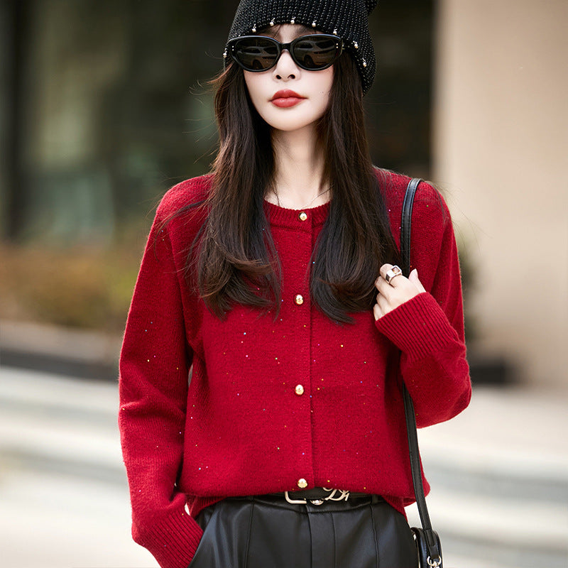 Women's Long Sleeve Single Row Sequined Color Sweaters