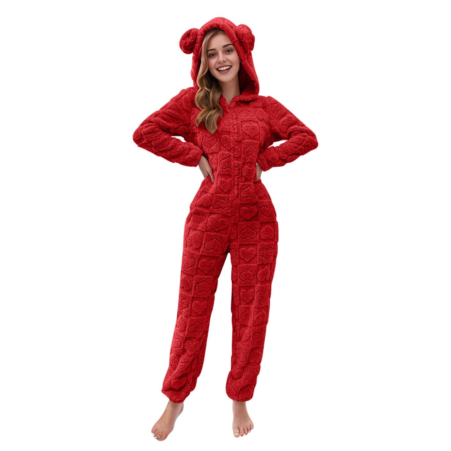 Women's Solid Color Fluff Zipper Hooded Ear Jumpsuits
