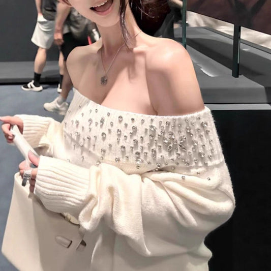 Women's Fragment High-grade Temperament With Diamond Middle Sweaters