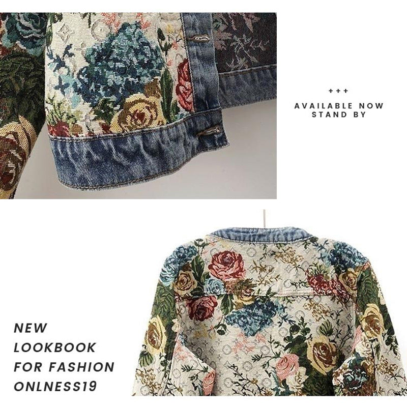 Round Neck Denim Vintage Jacquard Printed Jackets