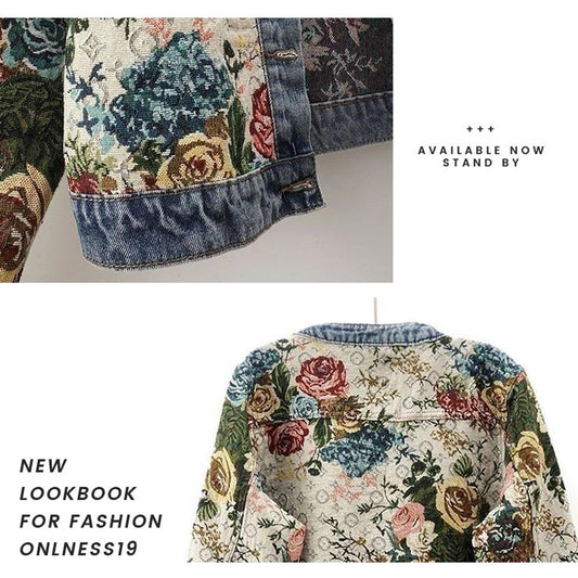 Round Neck Denim Vintage Jacquard Printed Jackets