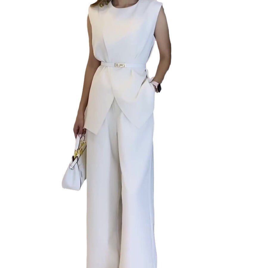 Women's Solid Color Round Neck Sleeveless High Waist Wide Leg Suits