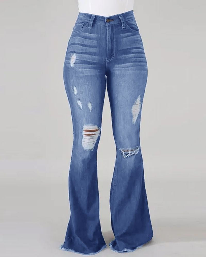 Classic Stretch Ripped High Waist Flared Jeans