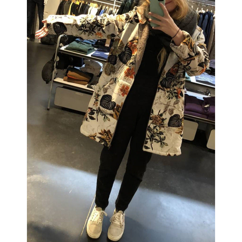 Women's Long-sleeved Zipper Hooded Thickened Composite Printed Dresses