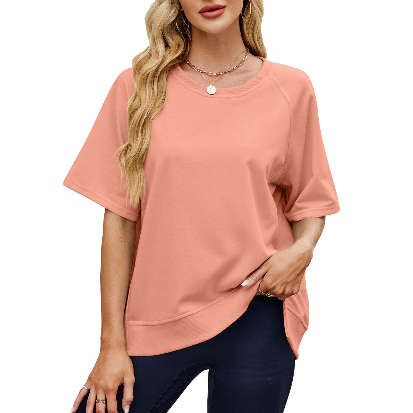 Women's Solid Color Thread Round Neck Shirt With Half Sleeve Shorts