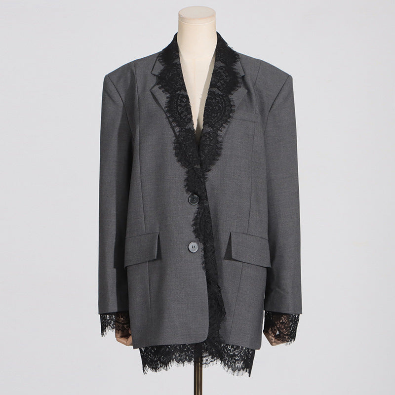Women's Fashionable Spring Lace Stitching Design Long Blazers