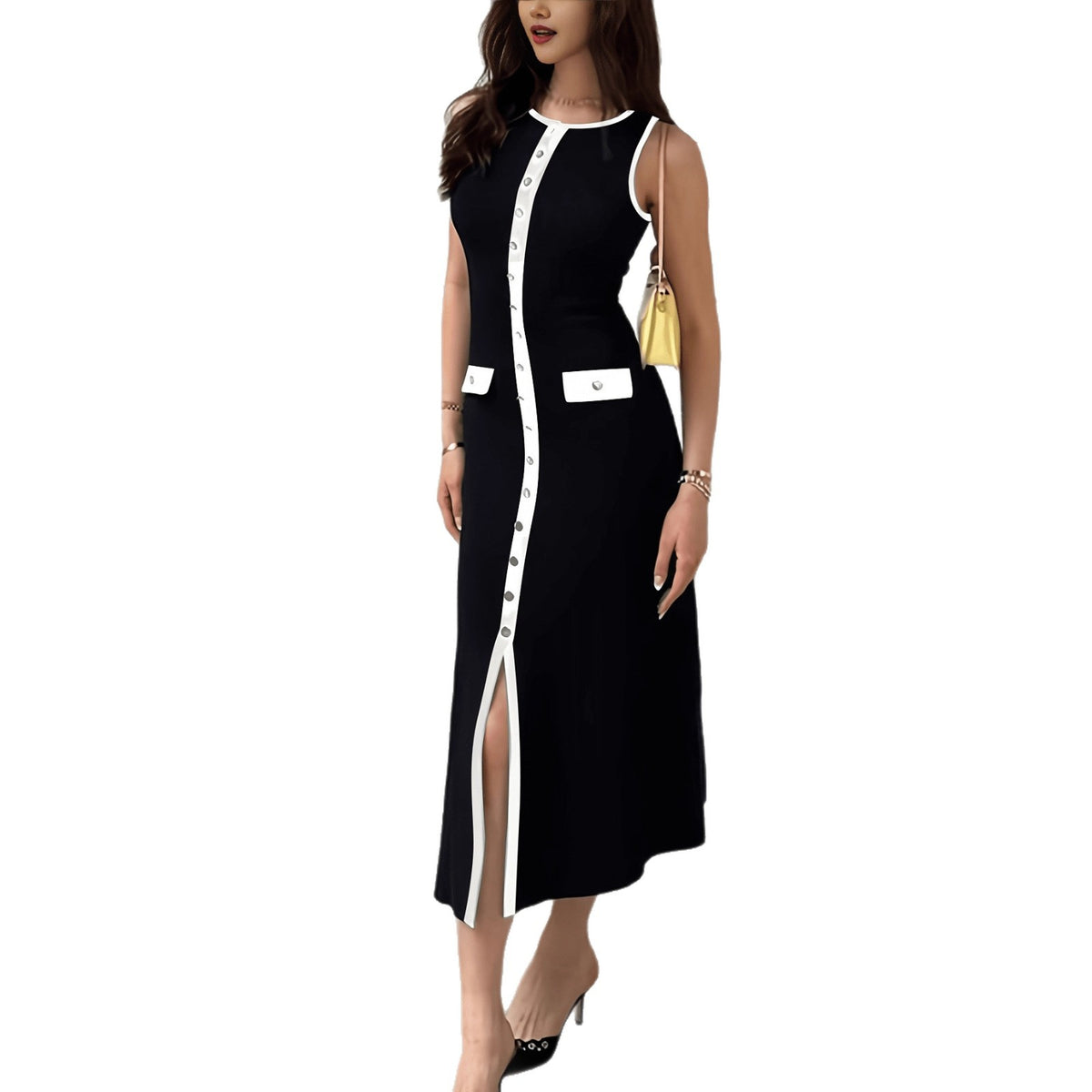 Women's Elegant Knitted Rib Round Neck Sleeveless Button Slim Dress