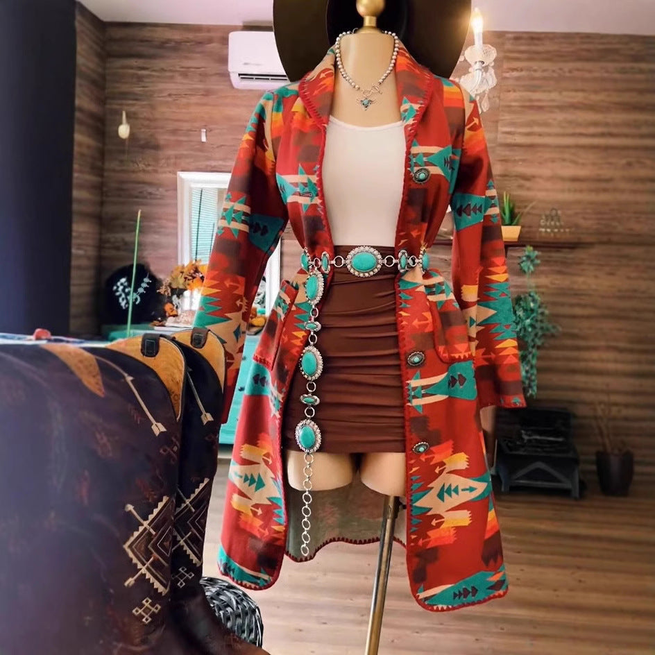 Women's Western Style Printed Hemming Mid-length Woolen Coats