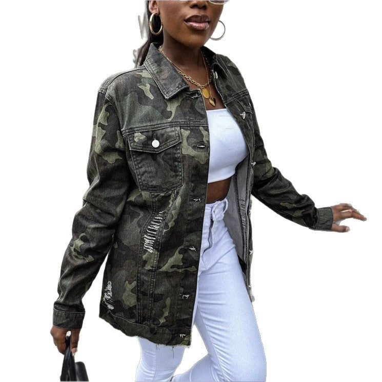 Women's Button Camouflage Raw Hem Ripped Denim Jackets