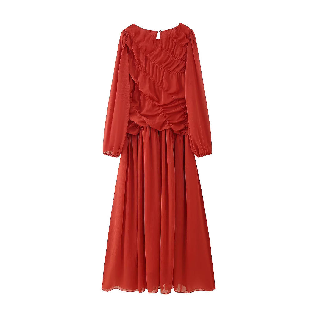 Women's Temperament Pleated Round Neck Versatile Slimming Dresses