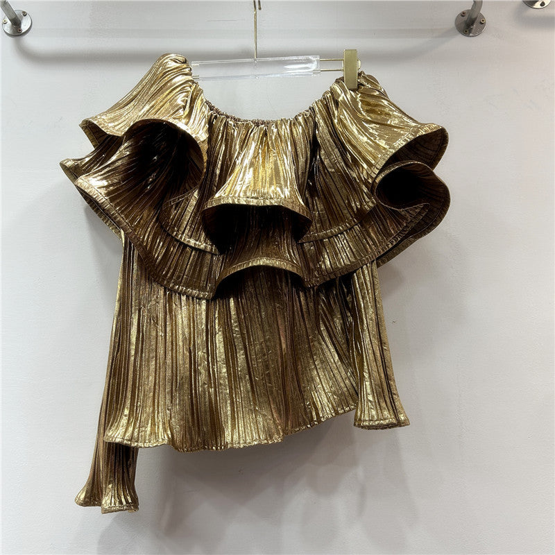Women's French Style Fashion Shiny Surface Pleated Blouses