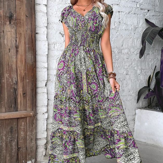Women's Bohemian Style Floral Print Large Swing Dress