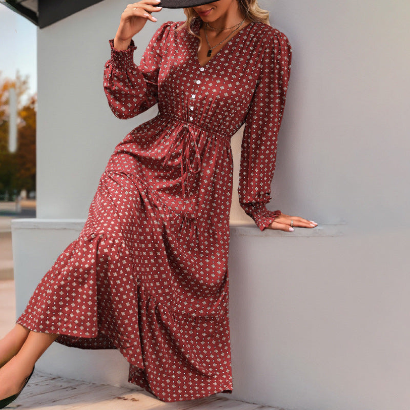 Women's Fashion Wear Long Style Sleeve Printing Dresses
