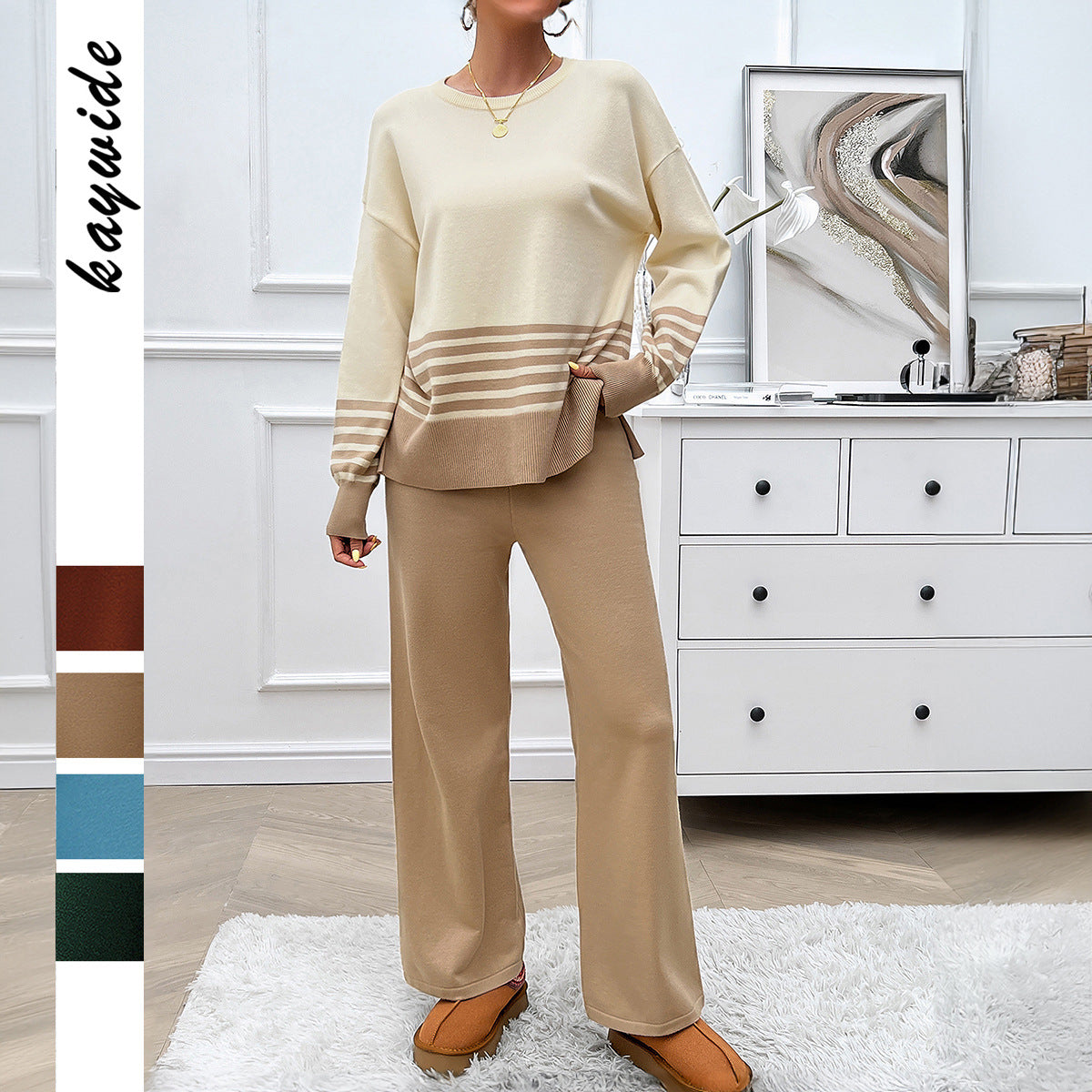 Women's Vacation Style Contrast Color Striped Straight Fashion Casual Suit
