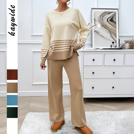 Women's Vacation Style Contrast Color Striped Straight Fashion Casual Suit