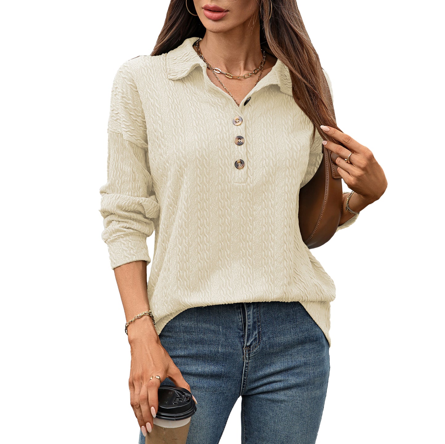 Women's Solid Color Polo Collar Button Loose Long Sleeve Women's Sweater, Sweater