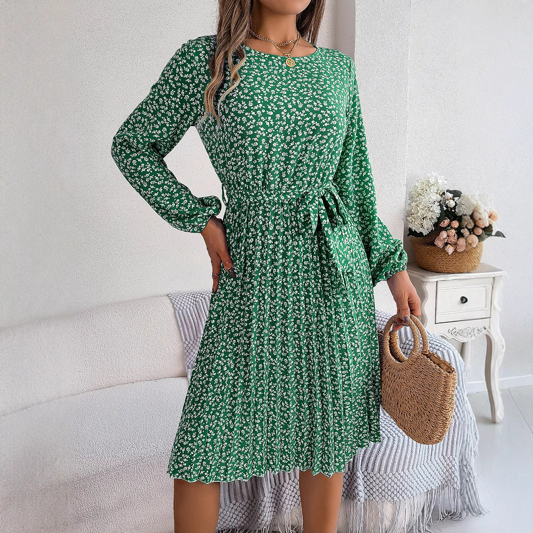 Women's Casual Long-sleeved Floral Print Pleated Dress