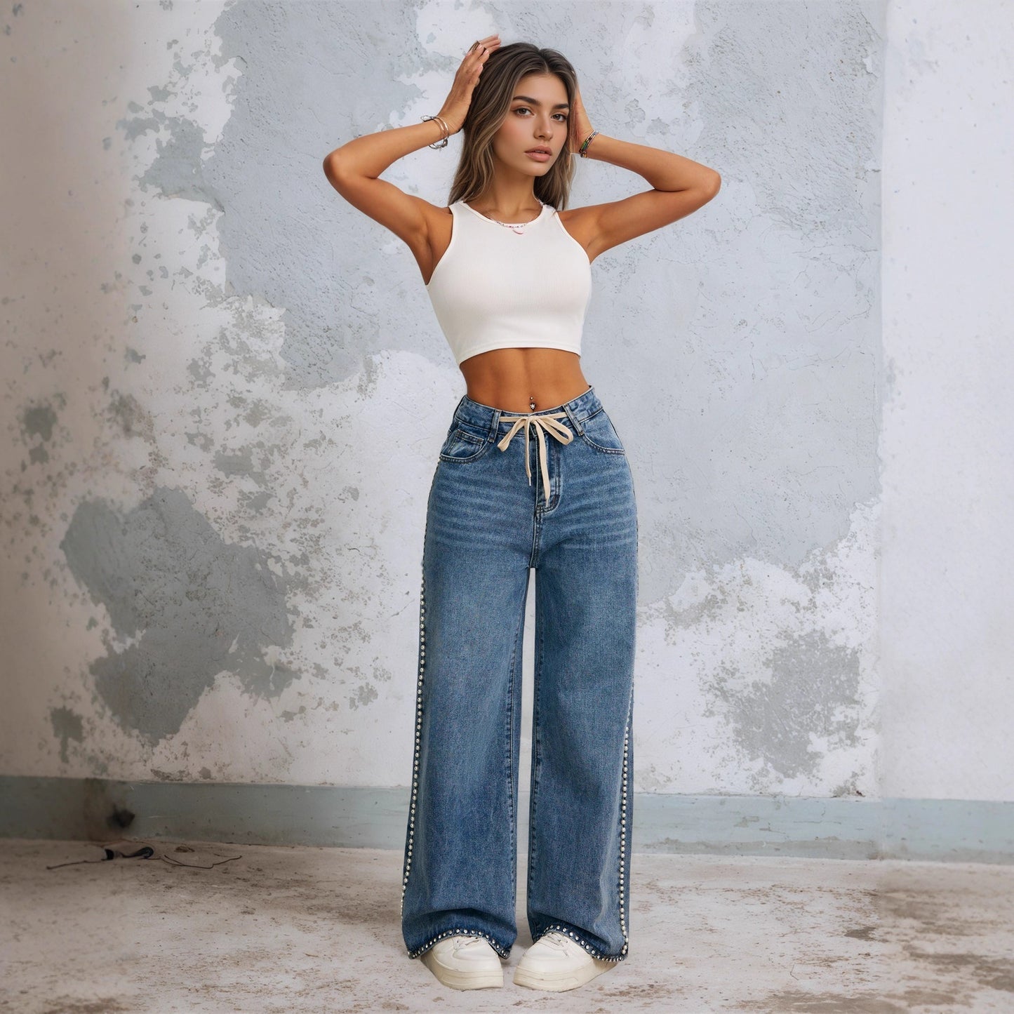 Women's Retro Wide Leg Washed Beaded Drawstring Jeans