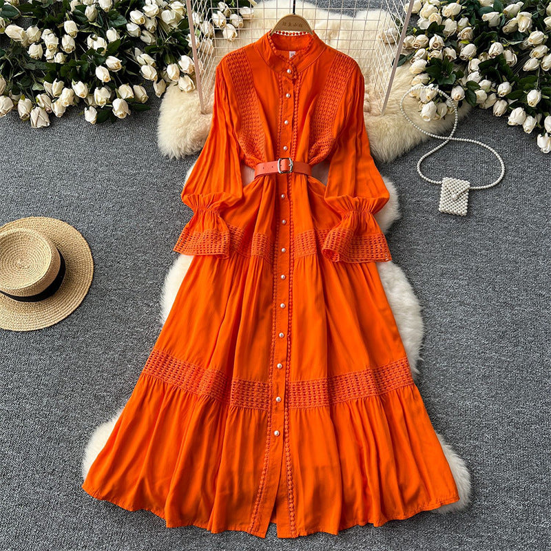 Women's Dress Stand-up Collar Flared Sleeves Waist Single-breasted Dresses