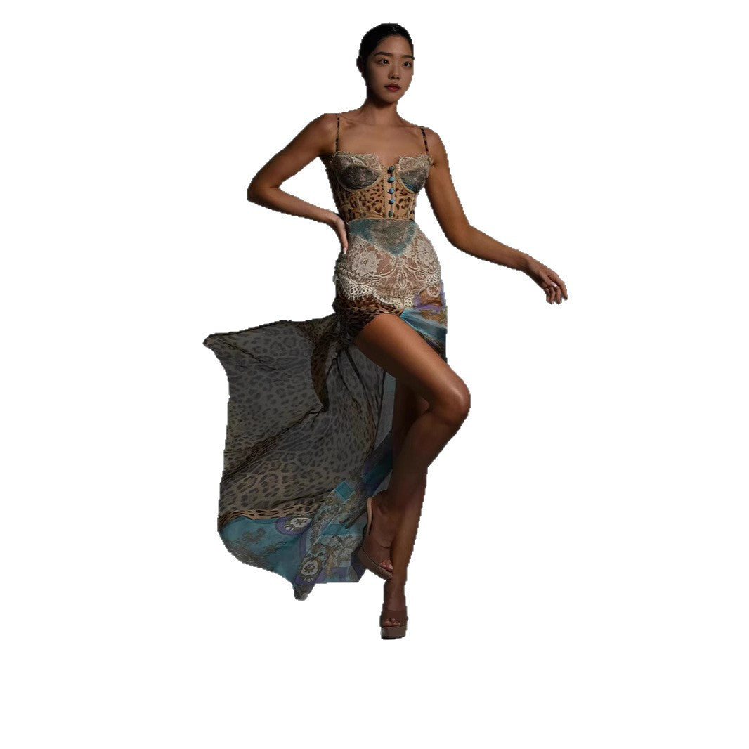Lace Stitching Contrast Color Sexy Suspender Dresses