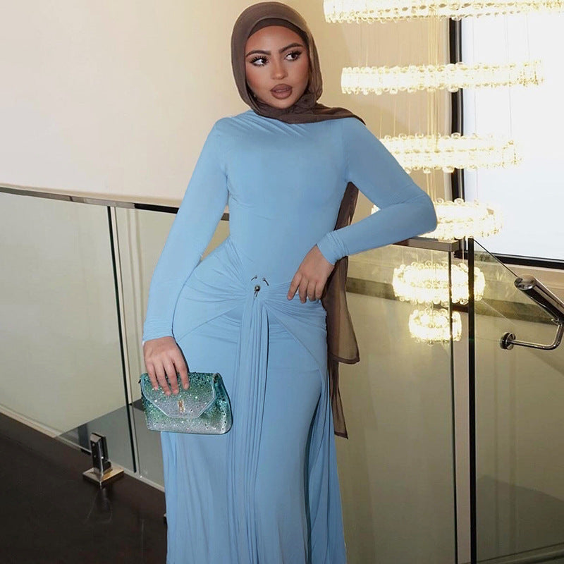 Pure Color Round Neck Long Sleeve Decoration Buckle Dress