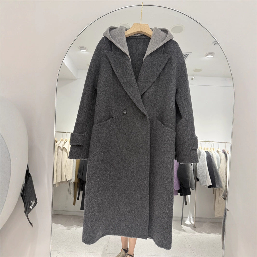 Women's Hooded Fake Two Pieces Woolen Long Winter Hepburn Style Coats