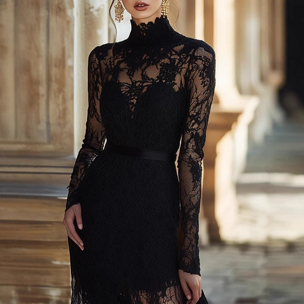 Women's Collar Long Sleeve Lace Swing Waist Slimming Dresses