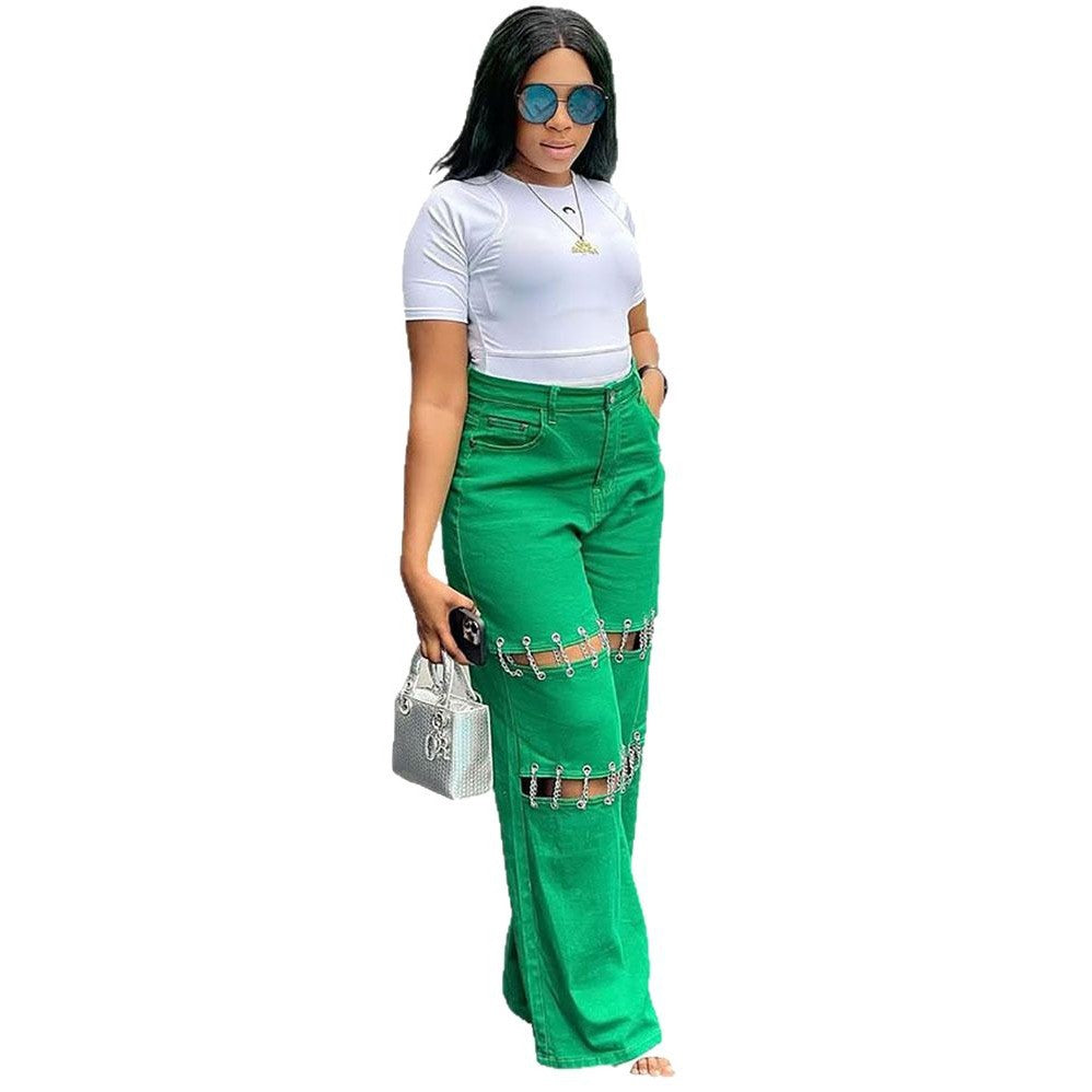 Women's Waist Stitching Casual Hole Nail Chain Jeans