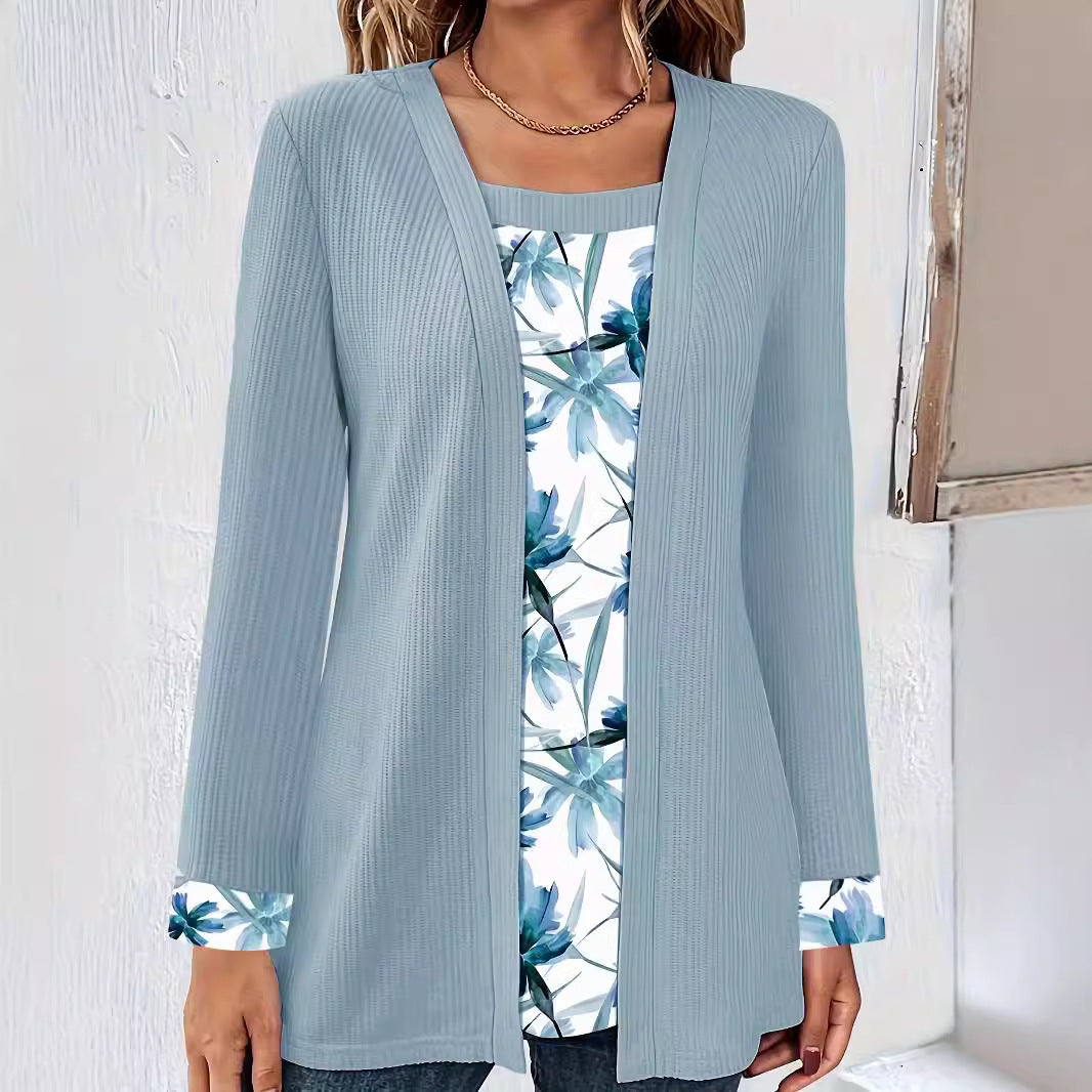 Women's Solid Color Printing Stitching Faux Two-piece Set Women's T-shirt