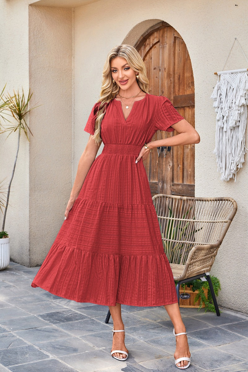 Women's Collar Pleating Puff Sleeve Large Swing Dresses