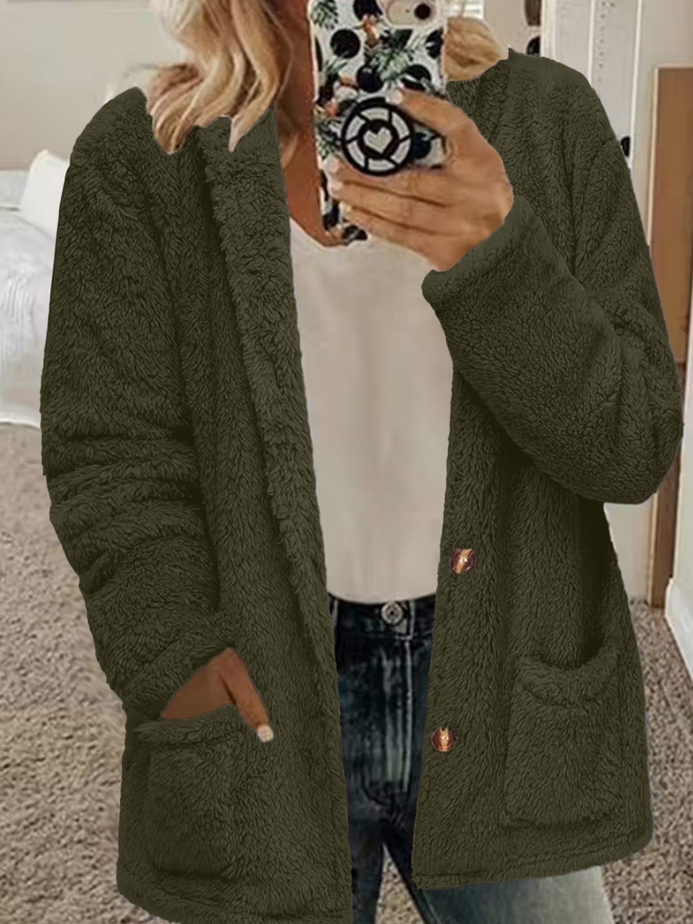 Women's Fur Hooded Loose Knitted Button Pocket Cardigans