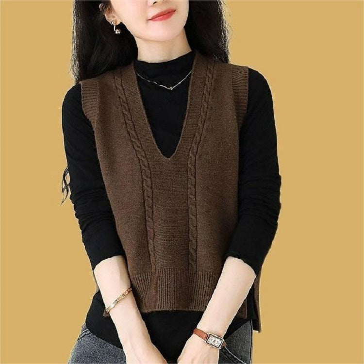 Women's Retro Pullover Slit Design Sleeveless Versatile Bandage Dress Korean Vests