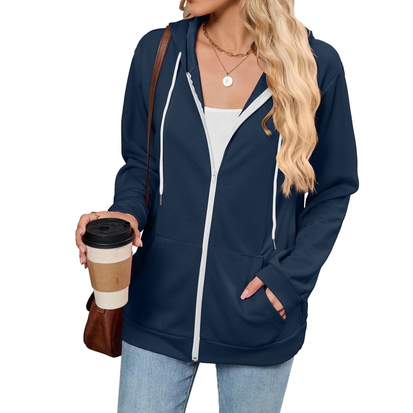 Women's Color Zipper Hooded Pocket Long Sleeve Tops