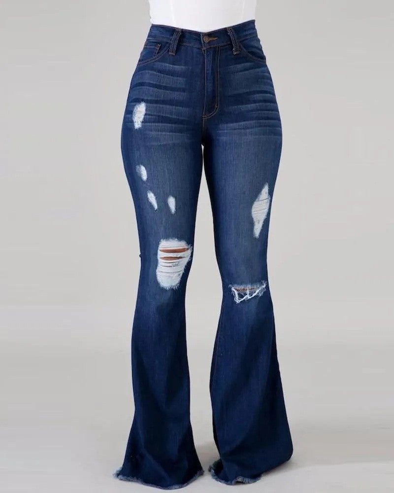 Classic Stretch Ripped High Waist Flared Jeans